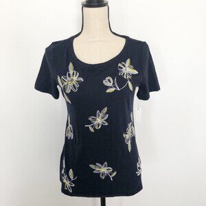 TALBOTS NWT Navy Blue Embroidered Short Sleeve Tee Shirt Womens XS